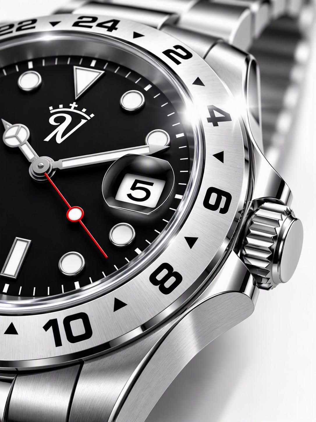 Dial negro con aguja GMT roja y bisel de 24 horas — la hora de casa, siempre a la vista.